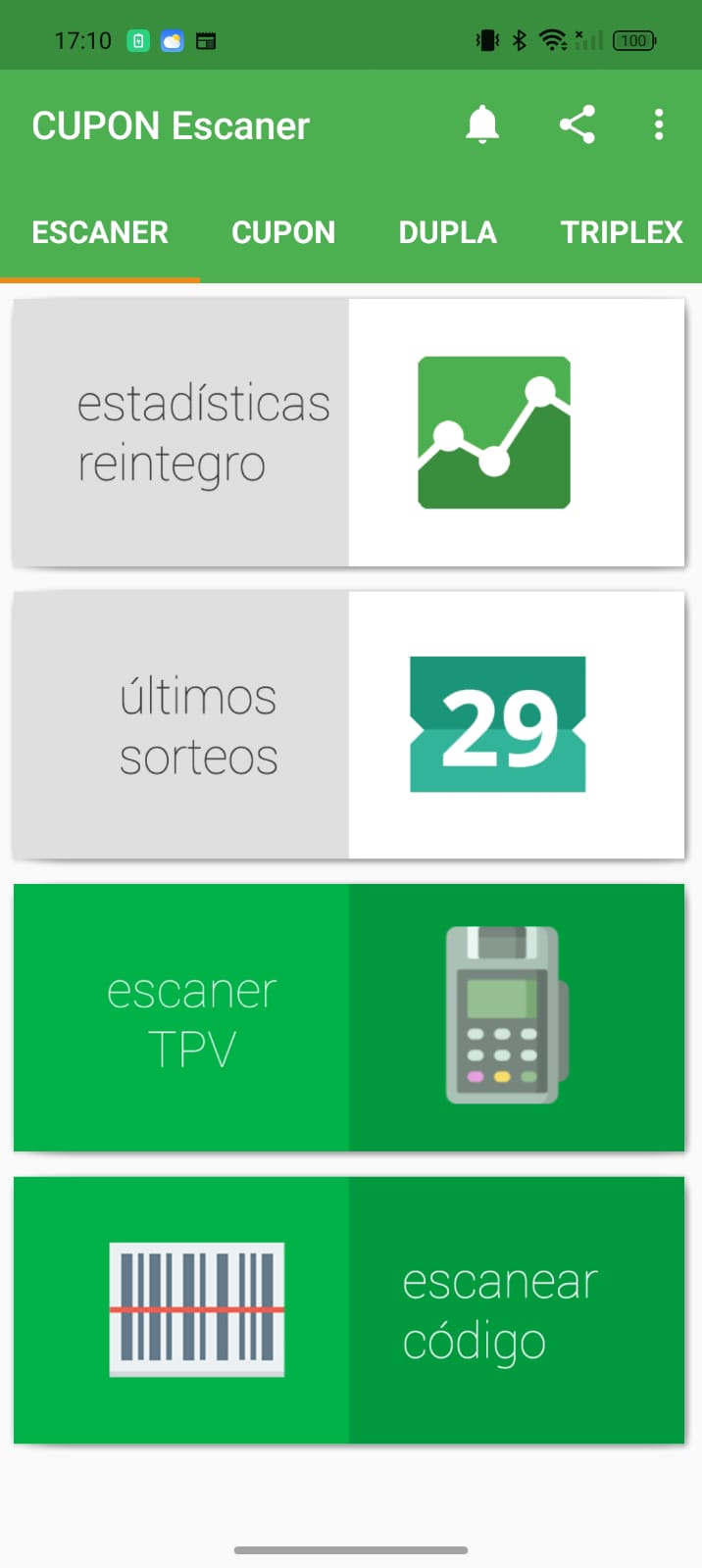 Pantalla principal de la app: estadísticas del reintegro, últimos sorteos, escáner TPV y escanear código